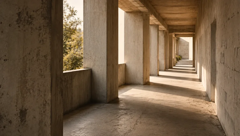 Long architectural corridor with layered concrete thresholds, soft natural light, and subtle signs of prolonged use, creating a sense of directional continuity and movement through structured space.