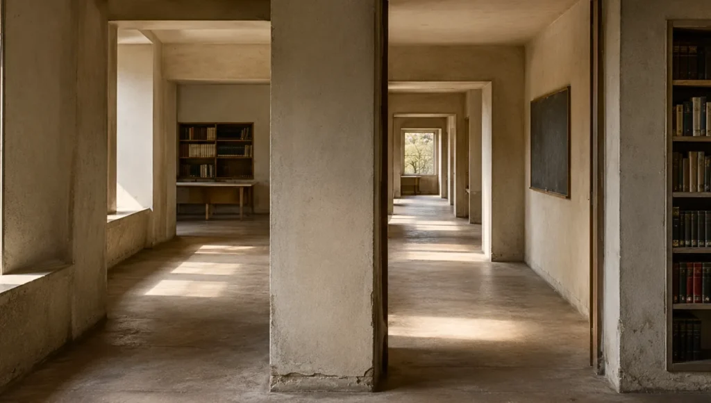 Architectural interior with layered thresholds, intersecting passageways, and soft fading natural light, suggesting uncertain continuation through connected but unresolved spaces.