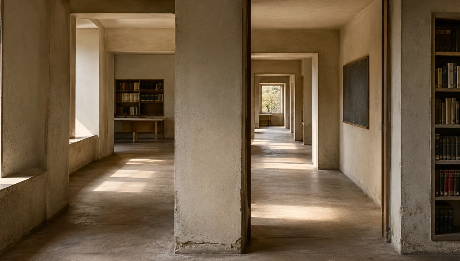 Architectural interior with layered thresholds, intersecting passageways, and soft fading natural light, suggesting uncertain continuation through connected but unresolved spaces.