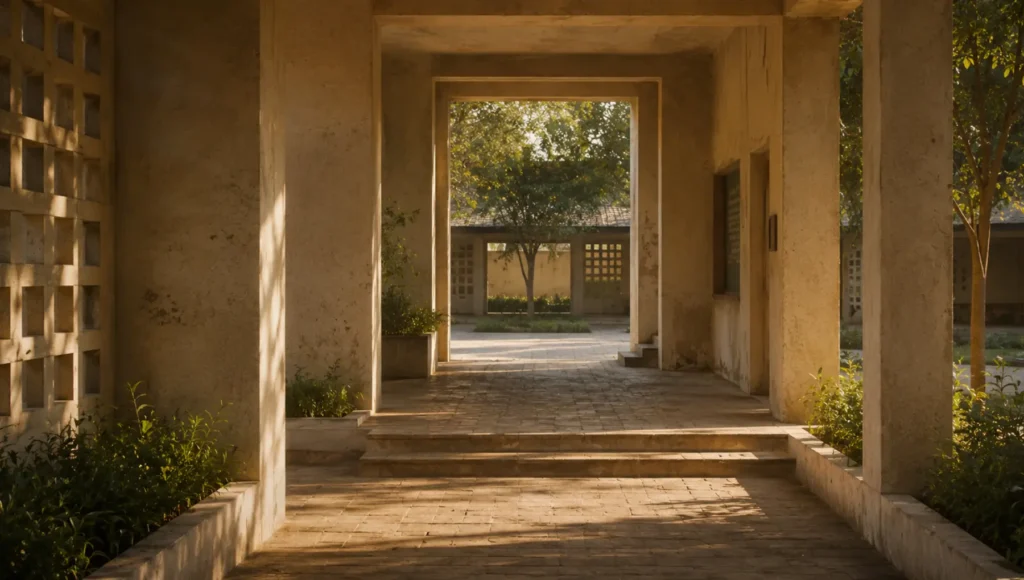 Maintained institutional threshold with layered openings, warm morning light, and signs of long-term use, representing the stable conditions that allow learning to begin and endure over time.
