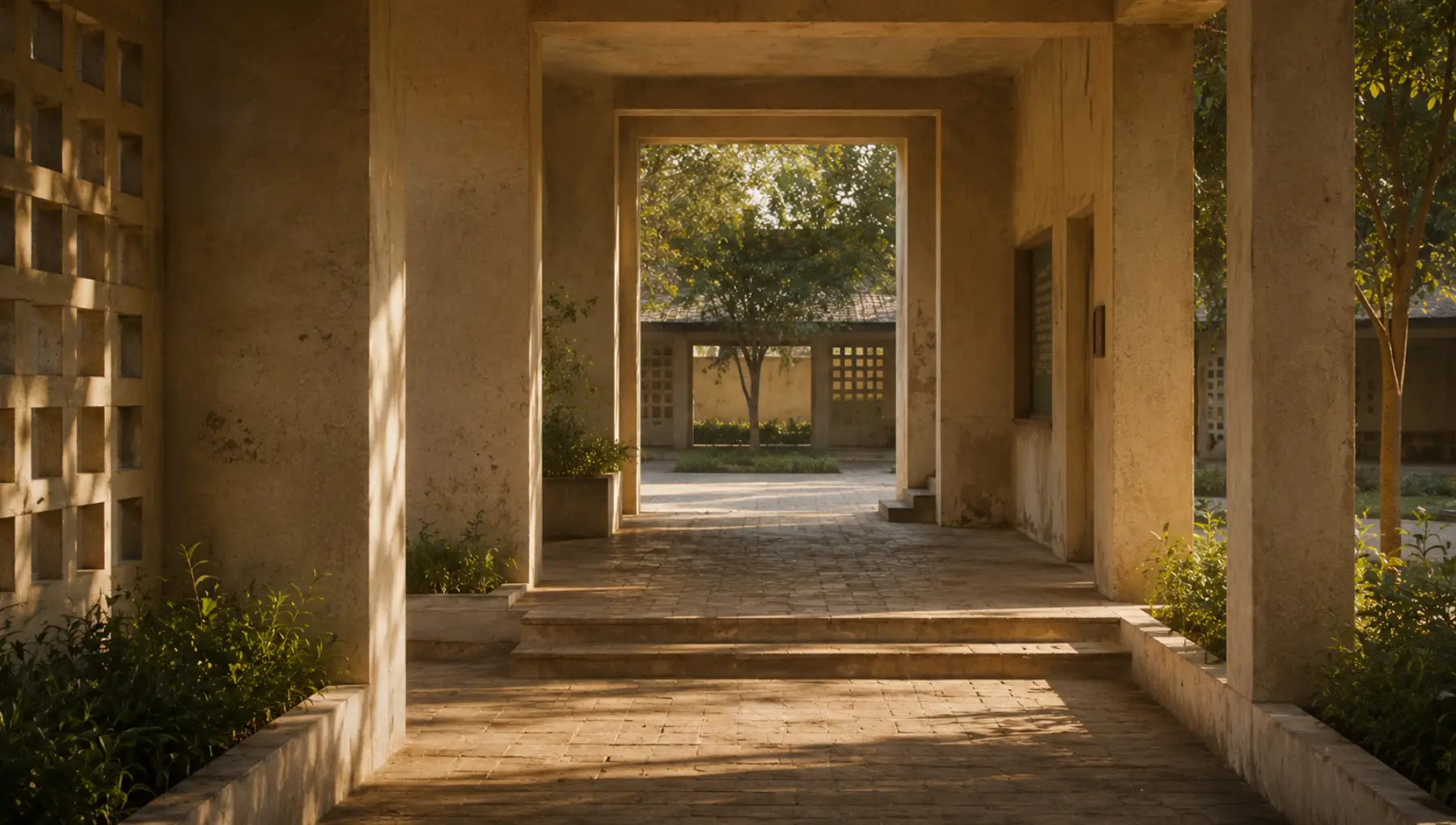 Maintained institutional threshold with layered openings, warm morning light, and signs of long-term use, representing the stable conditions that allow learning to begin and endure over time.