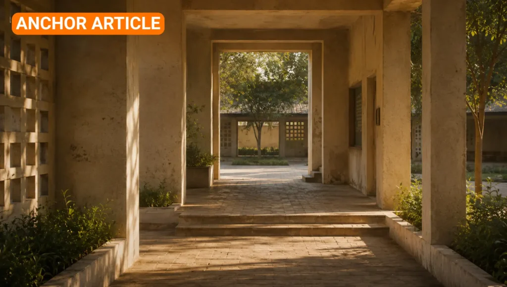 Maintained institutional threshold with layered openings, warm morning light, and signs of long-term use, representing the stable conditions that allow learning to begin and endure over time.