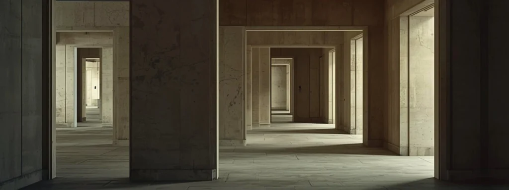 Strong architectural pillars with layered concrete thresholds, and subtle signs of prolonged use, creating a sense of directional continuity and movement through structured space.