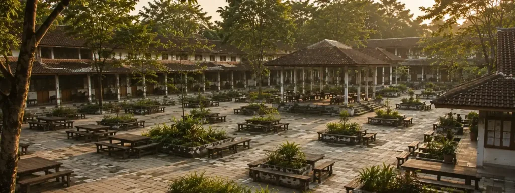 Broad institutional courtyard with repeated communal seating, layered walkways, and open shared structures extending across a calm educational environment, expressing socially reinforced continuity and collective participation over time.