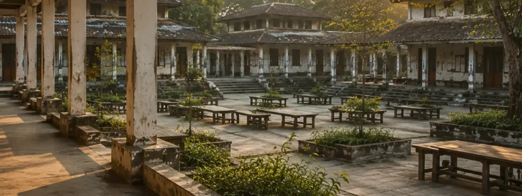 Semi-open institutional courtyard with repeated benches, aligned walkways, and weathered communal structures extending across shared space, expressing visible continuity and the quiet reinforcement of participation over time.