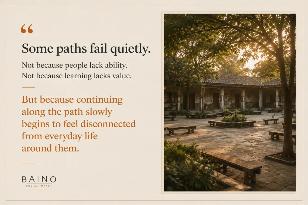 Inspirational quote about learning, belonging, and continuity beside a communal courtyard with shared seating and warm evening light, illustrating how progress weakens when learning becomes disconnected from everyday life.