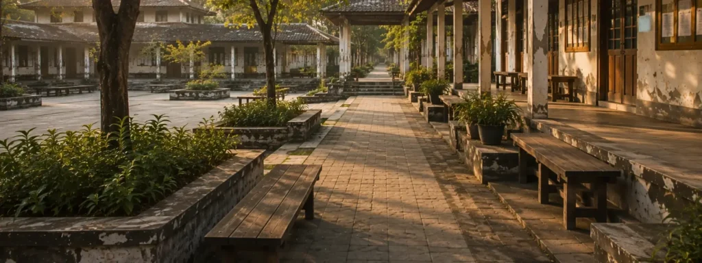 Weathered transitional institutional walkway with uneven structural rhythm, soft shadow contrast, and partially interrupted continuity, expressing quiet friction within a shared communal environment.