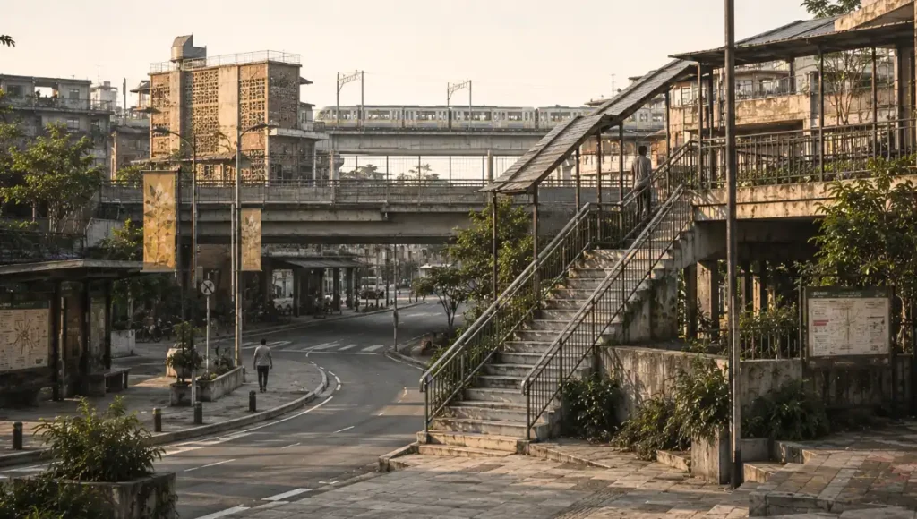 Layered riverside civic environment with weathered mixed-use buildings, repeated architectural rhythms, quiet pedestrian pathways, and sustained urban continuity shaped through long-term social use and reinforcement.