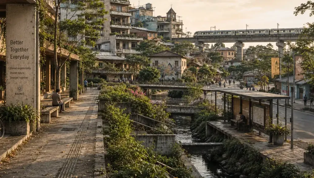 Layered civic riverside environment with weathered mixed-use buildings, interconnected walkways, distant transit infrastructure, and quiet signs of sustained social continuity embedded into everyday urban life.