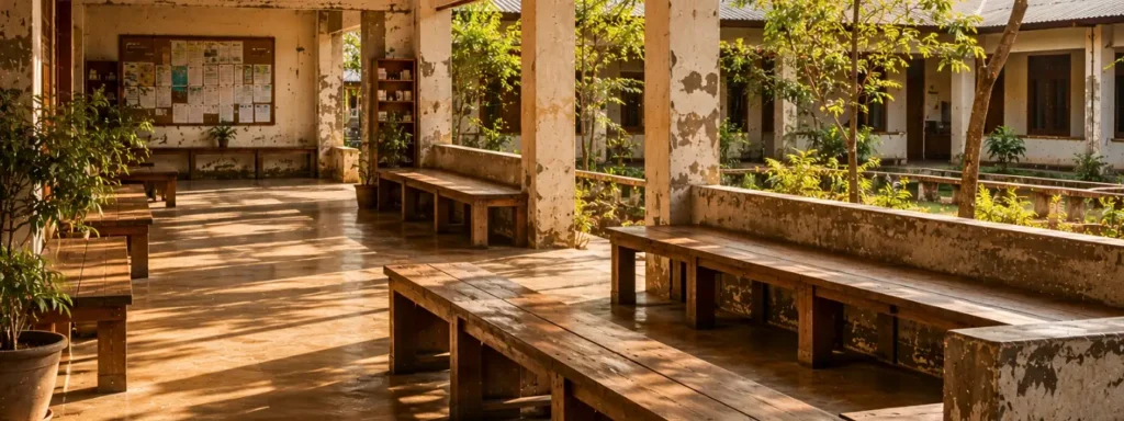 Open communal educational pavilion with repeated wooden seating, weathered structural surfaces, and warm natural light creating an atmosphere of continuity, familiarity, and shared participation.