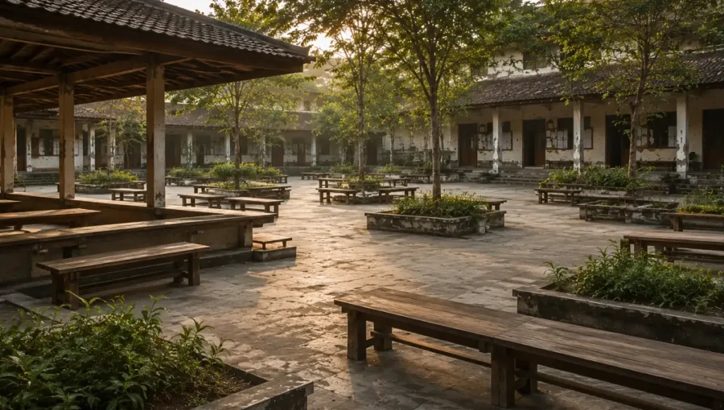 Open-sided institutional corridor with warm muted light, weathered surfaces, and visible continuity ahead, showing a calm communal environment that feels structured, reachable, and quietly sustained over time.