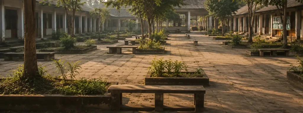 Wide communal educational courtyard with repeated gathering platforms, layered open structures, and interconnected shared spaces extending across a weathered institutional environment, expressing participation becoming socially reinforced and carried collectively over time