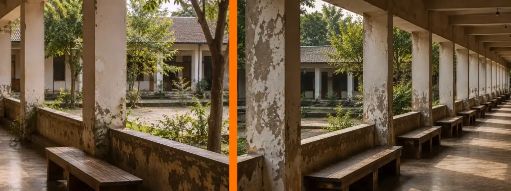 Two combined broad educational corridor and courtyard with layered communal seating, open gathering structures, and maintained greenery extending across a weathered institutional environment, expressing continuity that remains socially carried yet still dependent on ongoing reinforcement over time.