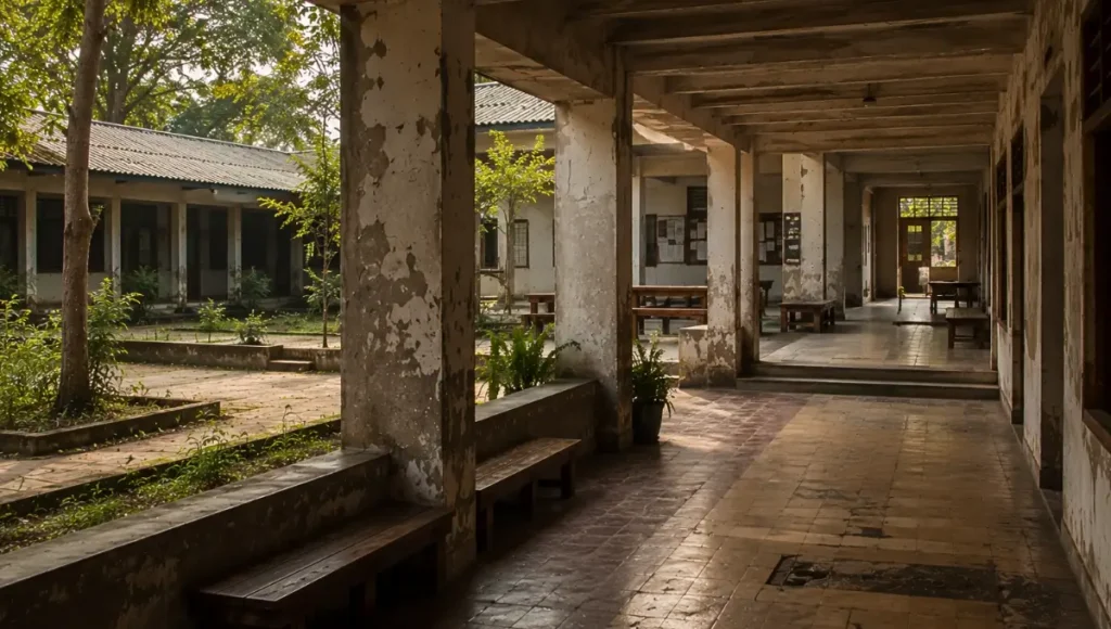 Wide institutional courtyard with connected verandas, repeated communal seating, bookshelves, and maintained greenery, expressing socially reinforced continuity and the ongoing rhythms of shared participation across a lived educational environment.
