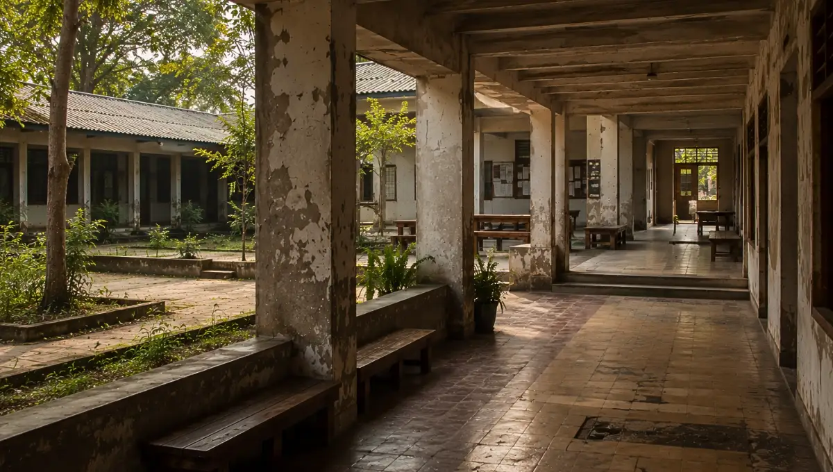 Wide institutional courtyard with connected verandas, repeated communal seating, bookshelves, and maintained greenery, expressing socially reinforced continuity and the ongoing rhythms of shared participation across a lived educational environment.