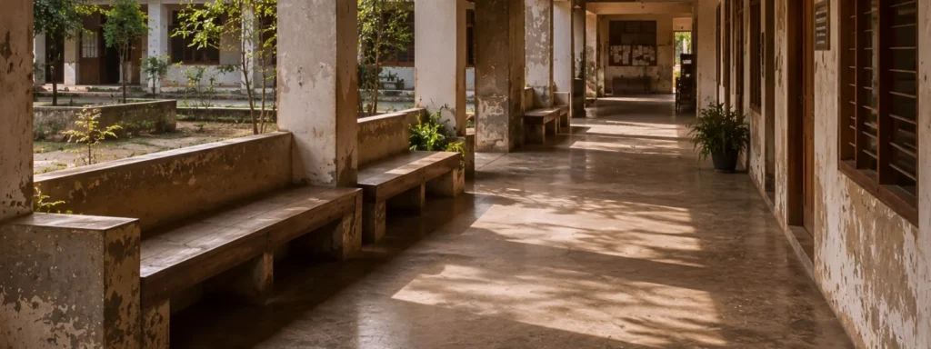 Connected institutional pathways flowing through a shared educational courtyard with aligned benches, layered communal structures, and directional architectural rhythm, expressing how communities quietly reinforce participation and carry continuity across time.