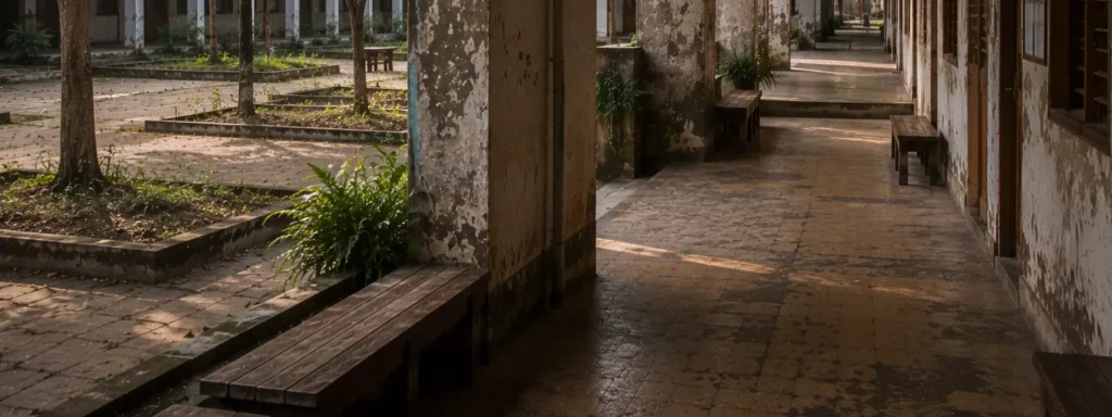 Interconnected institutional verandas opening into a broad communal courtyard with repeated seating, layered sightlines, and weathered educational structures, expressing how visible continuity and shared participation shape expectations over time.