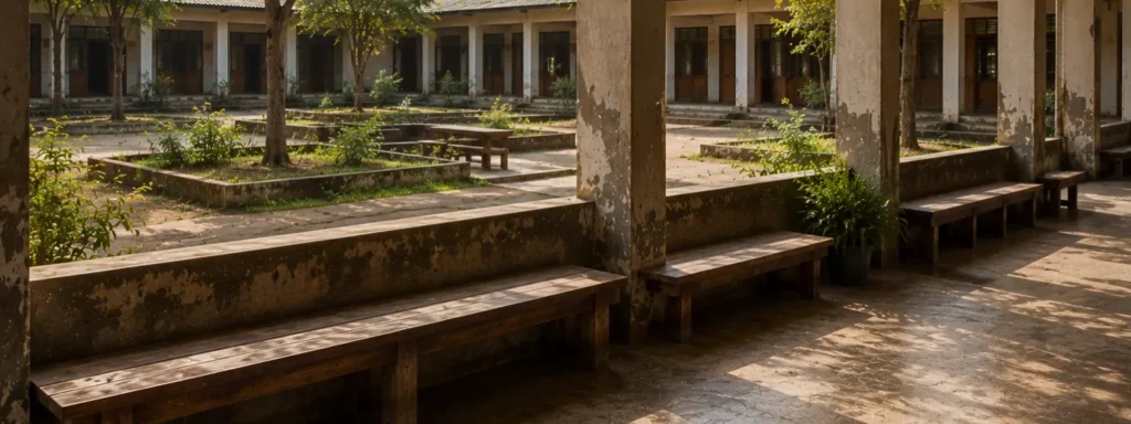 Open communal educational courtyard with repeated gathering benches, layered seating structures, and warm weathered architecture, expressing how repeated participation gradually becomes familiar, visible, and socially sustained over time.