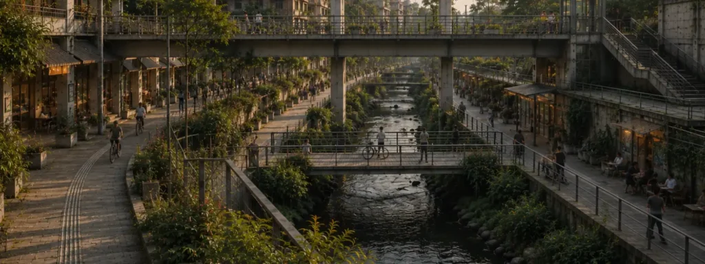 Layered civic canal environment with interconnected pedestrian crossings, transit infrastructure, mixed-use public spaces, and distant everyday activity showing movement carried forward through socially connected urban systems.