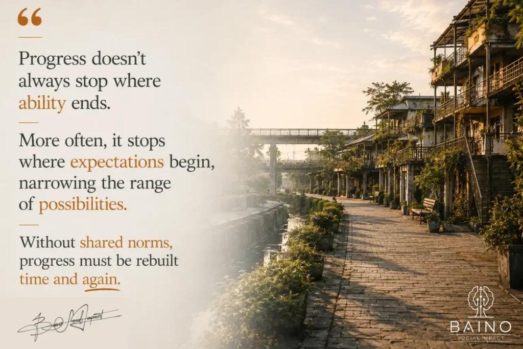 Quote graphic featuring a sunlit community walkway and civic streetscape, illustrating how expectations and shared norms shape the limits of progress. The image includes the reflection: “Progress doesn’t always stop where ability ends. More often, it stops where expectations begin, narrowing the range of possibilities. Without shared norms, progress must be rebuilt time and again.”
