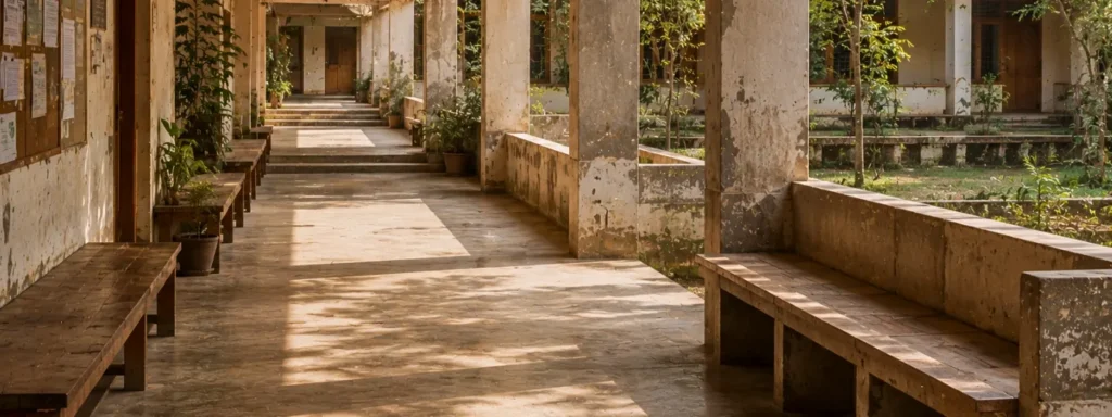 Semi-open educational corridor with repeated seating, weathered surfaces, layered thresholds, and warm natural light creating a socially grounded atmosphere of continuity and belonging.