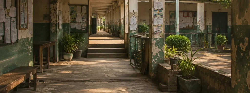 Semi-open institutional transition space with layered corridors, weathered concrete surfaces, softened edges, indirect afternoon light, and visible signs of repeated adaptation, expressing continuity gradually weakening under accumulated pressure and environmental strain.