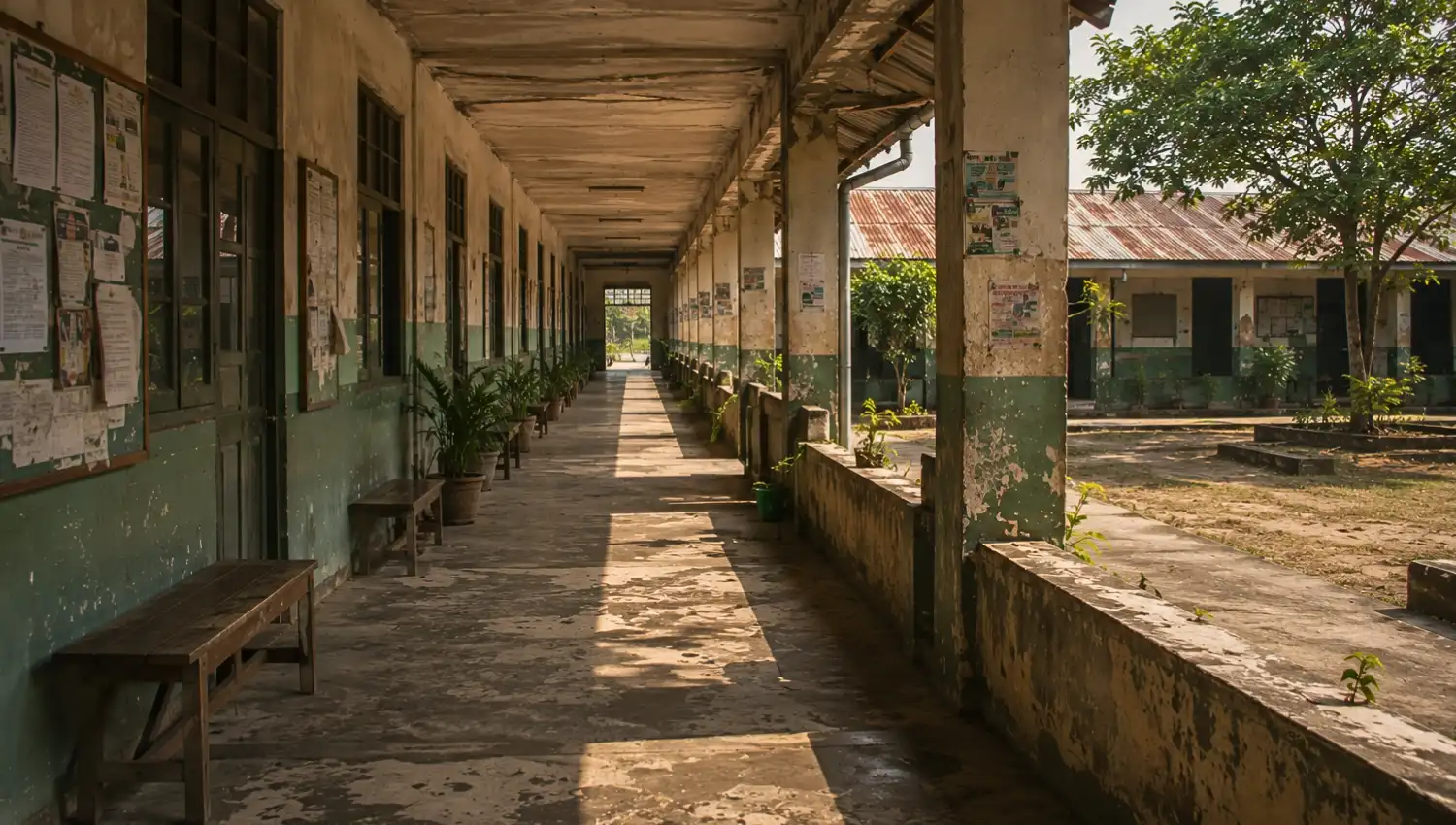 Long semi-open institutional corridor with weathered concrete surfaces, exposed outdoor edges, benches, layered directional flow, and signs of continued use under environmental strain, expressing continuity struggling to hold under accumulated pressure.