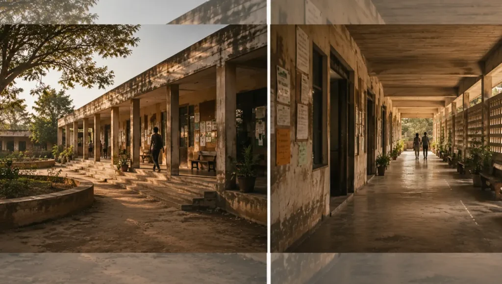 Semi-open institutional corridor with weathered concrete surfaces, filtered afternoon light, connected outdoor learning spaces, and signs of repeated daily use, expressing continuity under environmental and economic pressure.