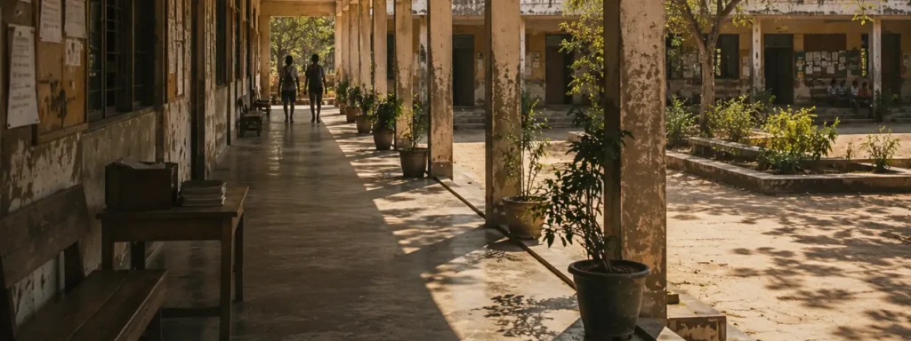 Weathered transitional institutional walkway with partial shelter, layered thresholds, softened concrete surfaces, and directional movement extending beyond the frame, expressing fragile continuity under environmental and structural pressure.