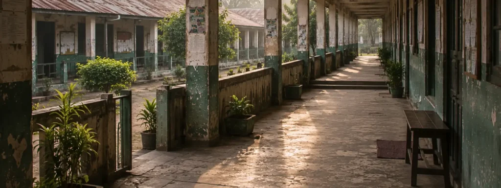 Long institutional walkway with softened concrete surfaces, fading shelter, layered directional corridors, weathered materials, and quiet transitional spaces, expressing weakened continuity and the growing difficulty of remaining connected to participation over time.