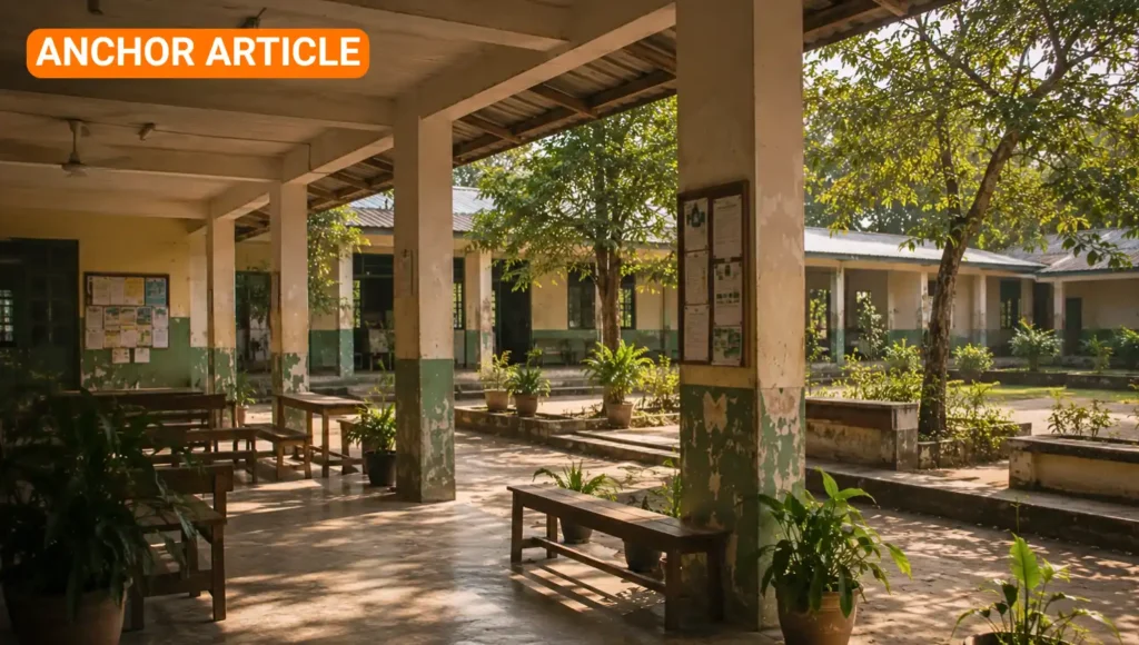 Connected institutional gathering spaca in a school environment with shaded spaces, softened concrete surfaces, benches, repaired materials, and calm directional flow, expressing continuity sustained through repeated care and long-term use.