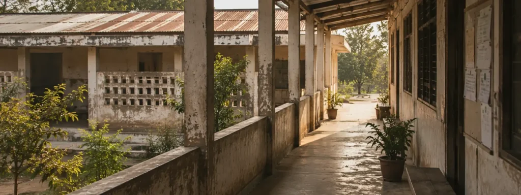Connected institutional gathering and learning environment with shaded transitional spaces, softened concrete surfaces, benches, repaired materials, and calm directional flow, expressing continuity sustained through repeated care and long-term use.