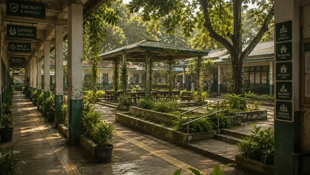 Interconnected institutional courtyard and corridor environment with shaded gathering spaces, weathered but maintained surfaces, layered transitional pathways, adaptive seating areas, and subtle signs of long-term care, expressing continuity protected through structural adaptation and sustained daily use.