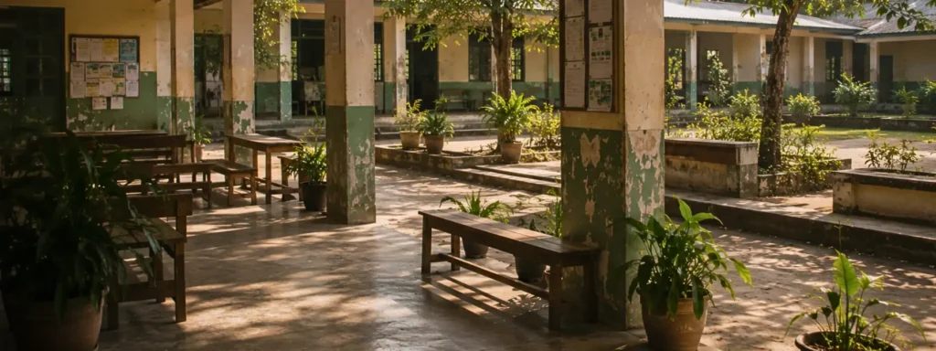 Connected institutional gathering and school environment with shaded spaces, softened concrete surfaces, benches, repaired materials, and calm directional flow, expressing continuity sustained through repeated care and long-term use.