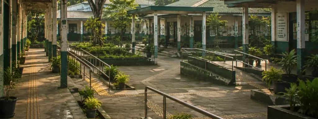 Large interconnected institutional learning environment with adaptive walkways, maintained transitional ramps, weathered but functioning structures, shaded community spaces, and layered directional flow, expressing continuity becoming sustainable through long-term institutional care, adaptation, and enduring participation.
