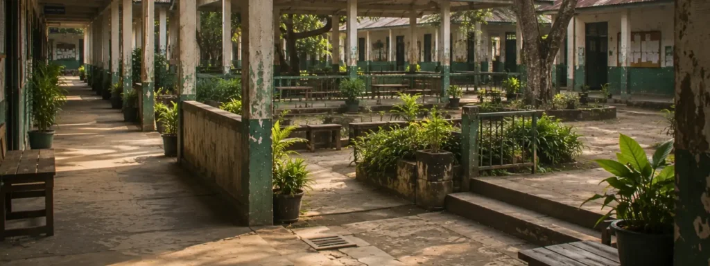 Wide institutional yard gathering space with softened concrete surfaces, fading shelter, weathered materials, and quiet transitional spaces, expressing weakened continuity and the growing difficulty of remaining connected to participation over time.