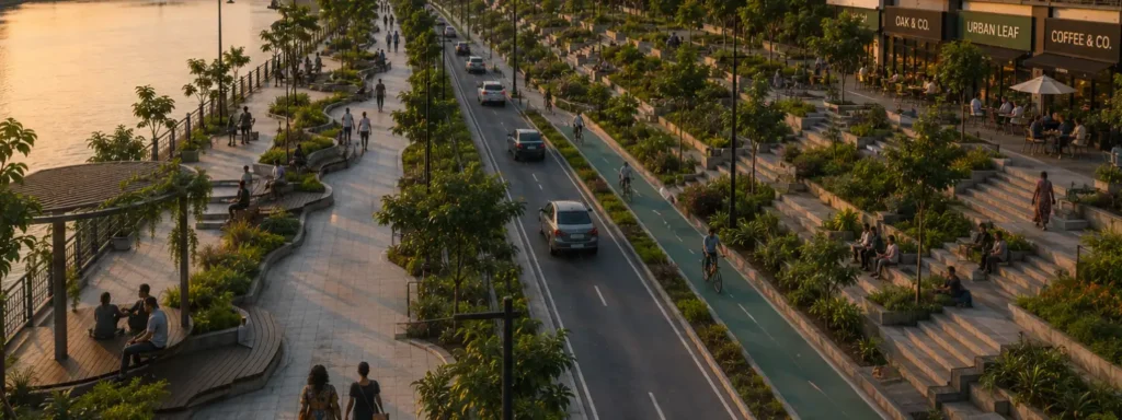 Elevated urban waterfront corridor with widened pedestrian pathways, layered civic terraces, mixed-use public spaces, and socially sustained long-range continuation showing how visible environmental reinforcement expands what forms of progress feel possible to pursue over time.
