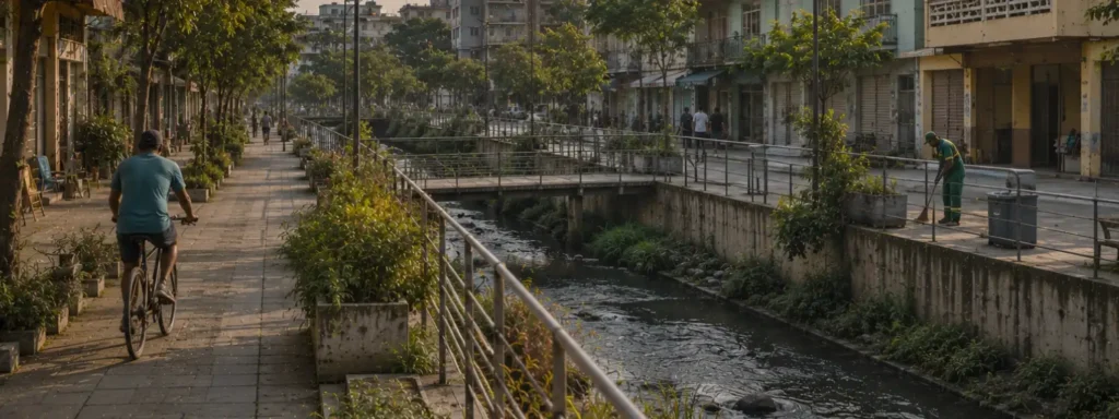 Urban canal corridor with uneven civic maintenance, functioning pedestrian pathways, softened infrastructural wear, and everyday public activity showing continuity still holding through collective effort despite growing structural pressure.