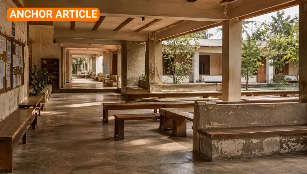 Semi-open communal educational structure with repeated seating, warm weathered surfaces, layered walkways, and soft natural light showing signs of long-term collective use and continuity.