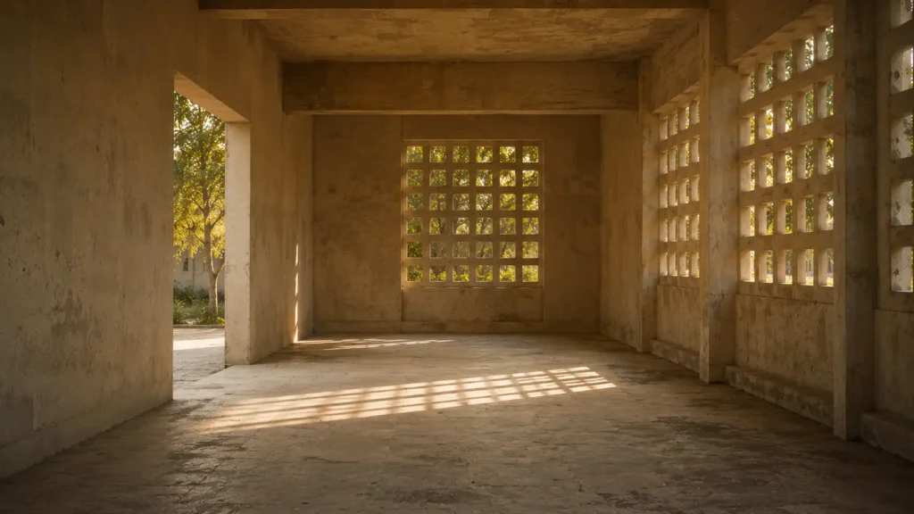 Maintained institutional interior with warm light, visible thresholds, and signs of long-term use, representing the stable conditions that shape attention, trust, and the ability to return to learning.