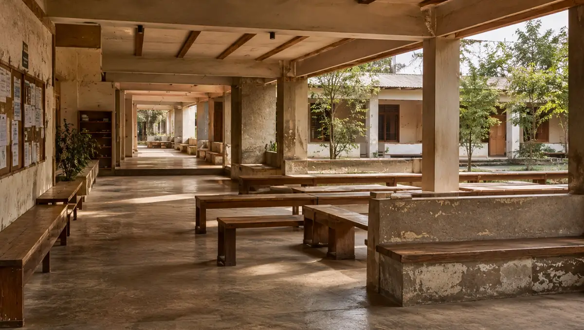 Semi-open communal educational structure with repeated seating, warm weathered surfaces, layered walkways, and soft natural light showing signs of long-term collective use and continuity.