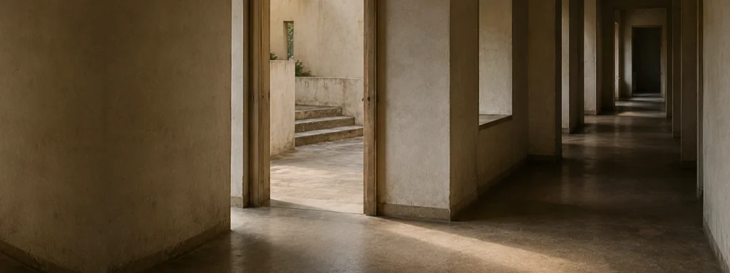 Interconnected architectural interior with layered openings, muted natural light, and repeating structural frames, suggesting continuity, organisation, and movement through connected spaces.