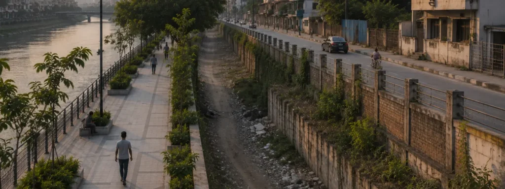 Urban riverside corridor with maintained pedestrian pathways beside uneven civic infrastructure, narrowed continuation routes, softened environmental wear, and sparse public movement showing how visible continuation weakens when long-term reinforcement becomes less broadly sustained.