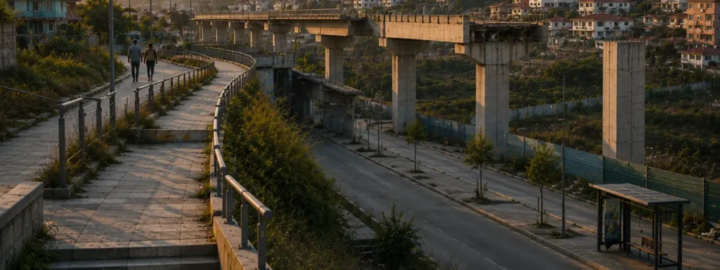 Middle-income hillside urban environment with an unfinished elevated transit bridge, layered pedestrian walkways, sparse public movement, and uneven civic continuation showing how movement hesitates when visible direction no longer appears fully reinforced across the environment over time.