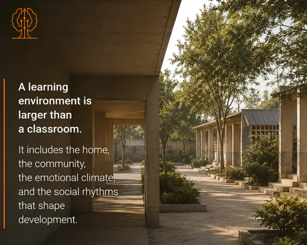 A connected learning environment showing pathways, homes, community spaces, and shared surroundings that influence growth beyond the classroom.