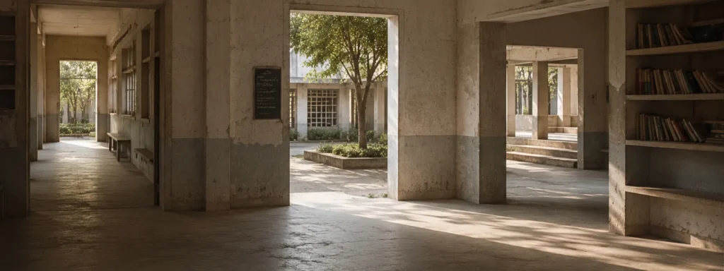 Warm institutional learning environment with visible signs of time, repeated threshold