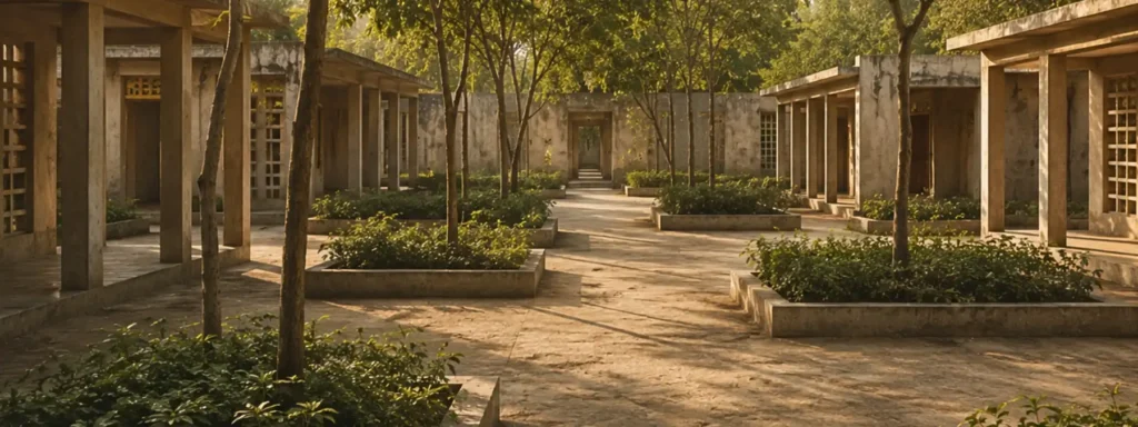 Architectural courtyard with repeated community spaces and structured pathways, representing how shared routines, social patterns, and collective environments influence learning across a community.