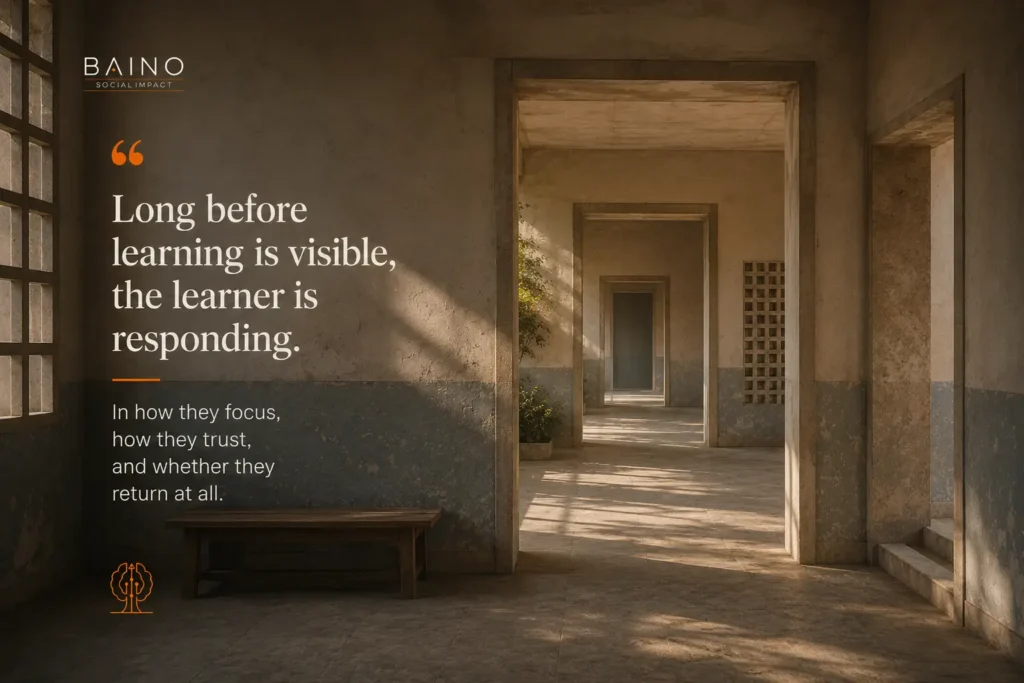 Warm institutional interior with layered thresholds, natural light, and a reflective quote about how attention, trust, and return shape learning before progress becomes visible.