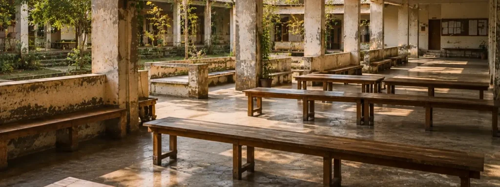 Semi-open educational gathering structure connected to a layered courtyard environment, with repeated seating, weathered surfaces, and soft natural light suggesting long-term collective use and continuity.