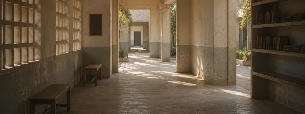A maintained institutional learning environment with repeating openings, visible pathways, and subtle signs of long-term use, representing how rhythm and continuity allow effort to accumulate over time.
